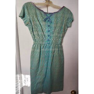 Vintage Gay Gibson Turquoise Floral Lace Dress Size 5 Short Sleeves Back Zipper